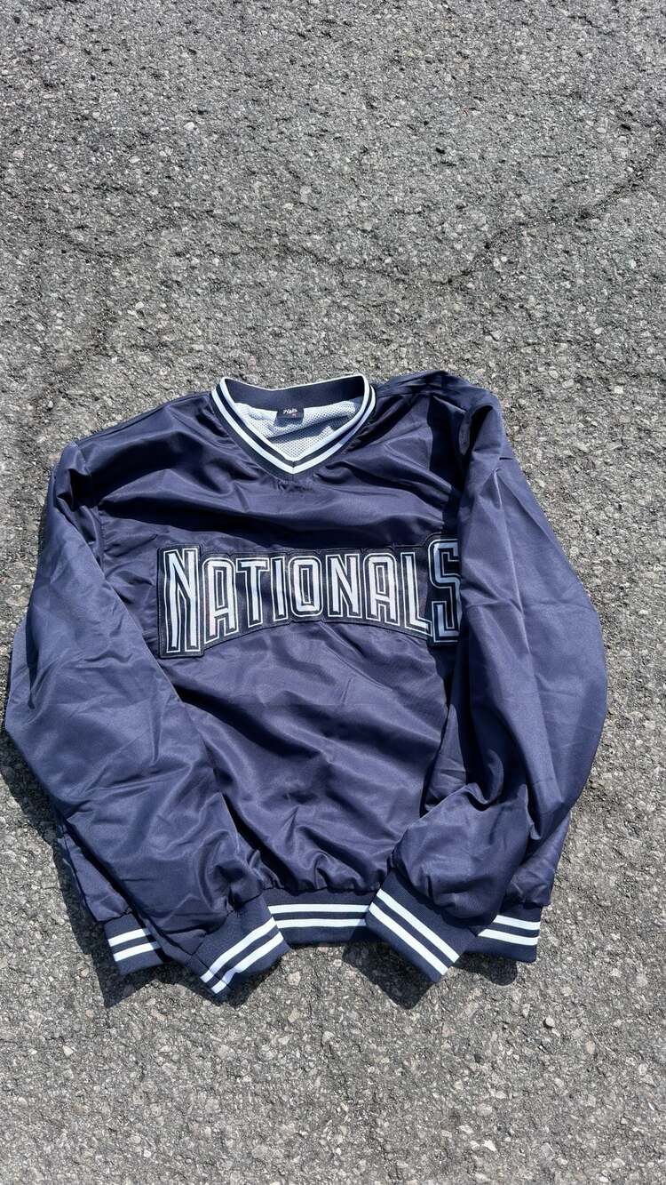 Nats Nationals Pullover Windbreaker Jacket Size M Navy Blue V-Neck Spellout